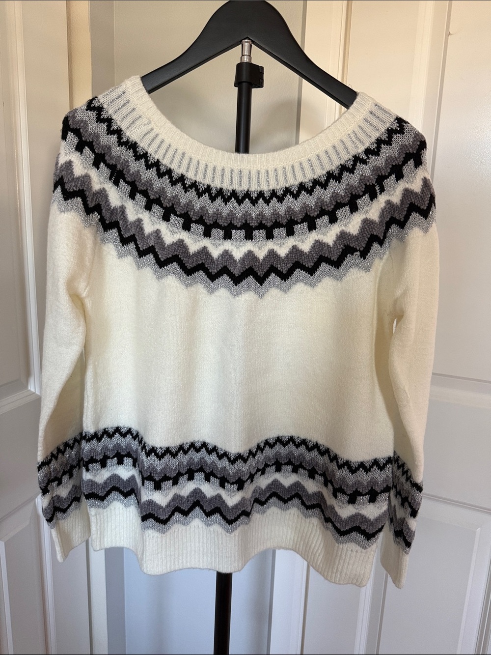 Cream Fair Isle Crewneck Sweater with Black & Gray Pattern